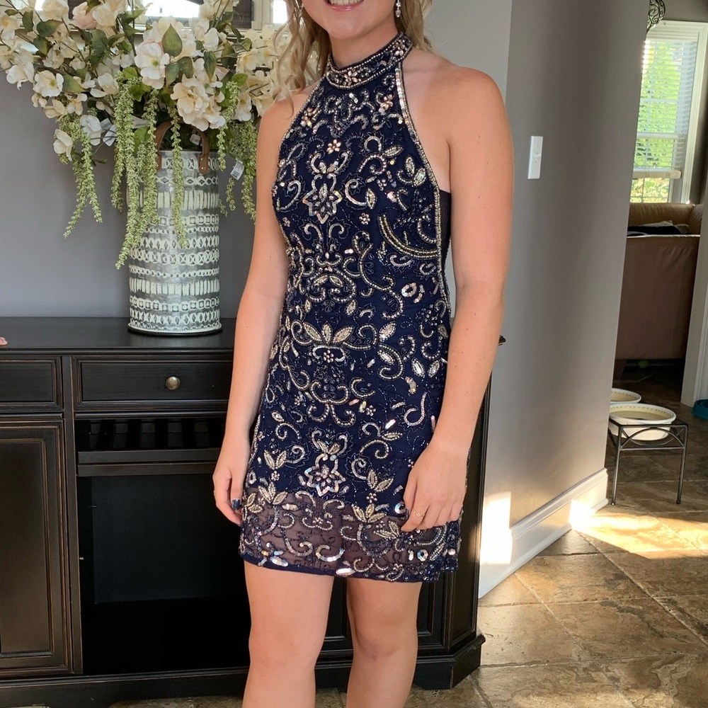 Elegant Navy Blue Halter Prom Dress